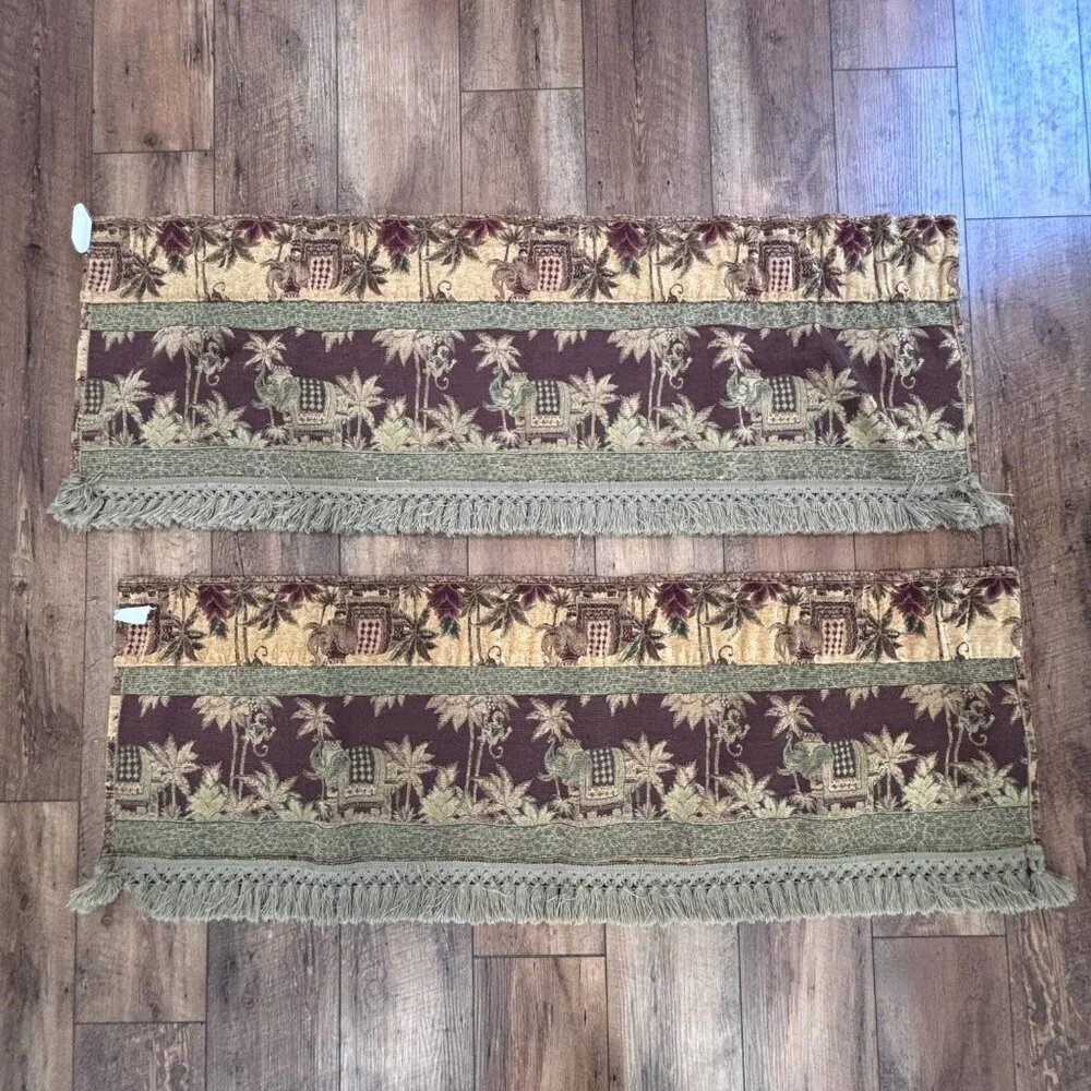 2 Set MILLER CURTAIN CONGO INDIA CHENILLE MONKEYS ELEPHANTS PALMS GOLD VALANCE